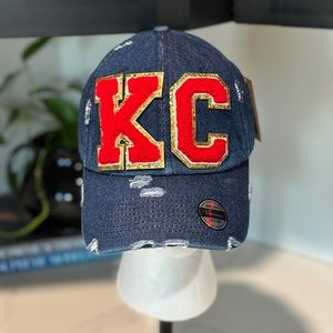 New distressed denim hat with KC Chenille letters